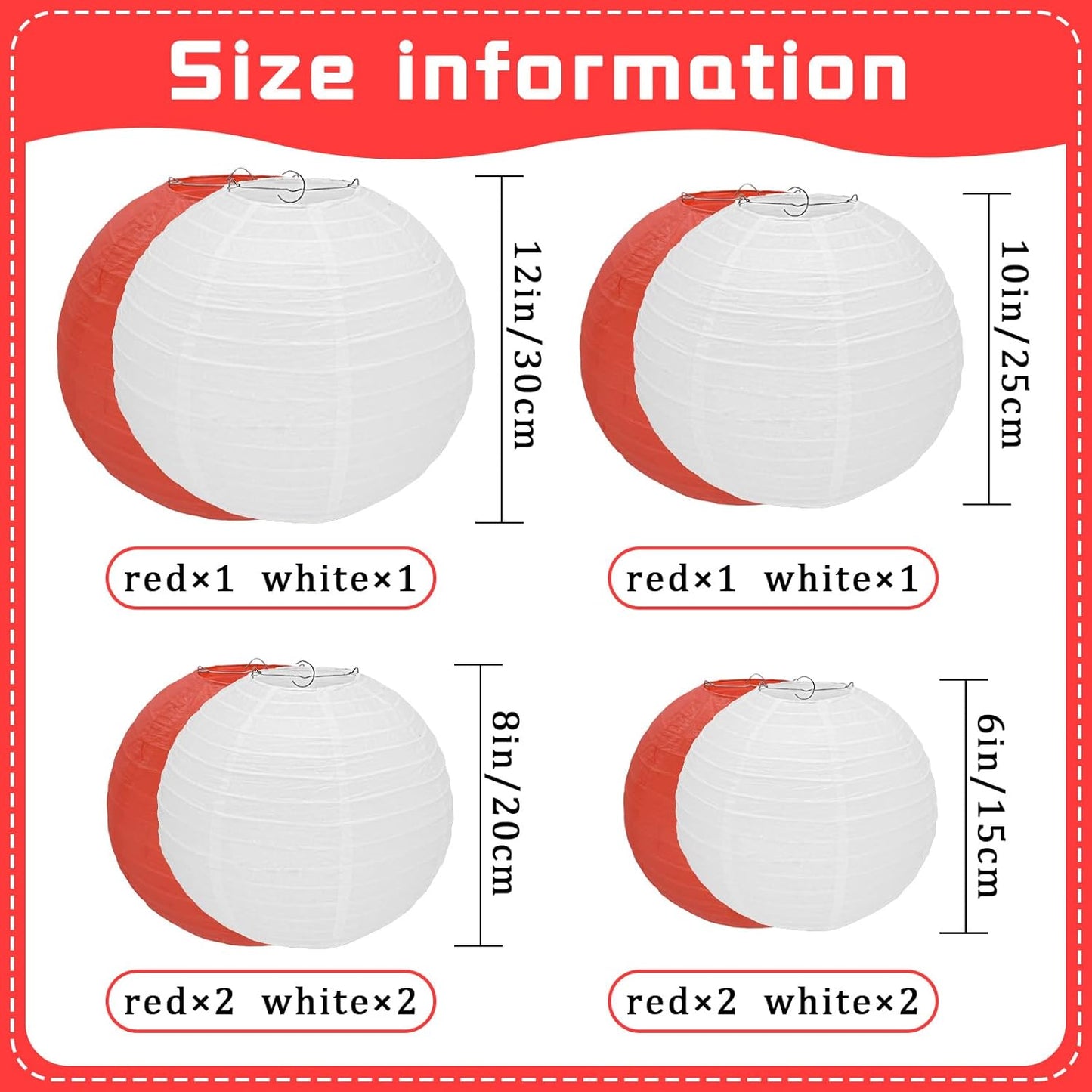 12Pcs Round Paper Lanterns Assorted Sizes (6" 8" 10" 12") for Home Decor, Restaurant, Church, Wedding, Birthday Party Decorations, Hanging Chinese Japanese Paper Lantern Lamps (White and Red)