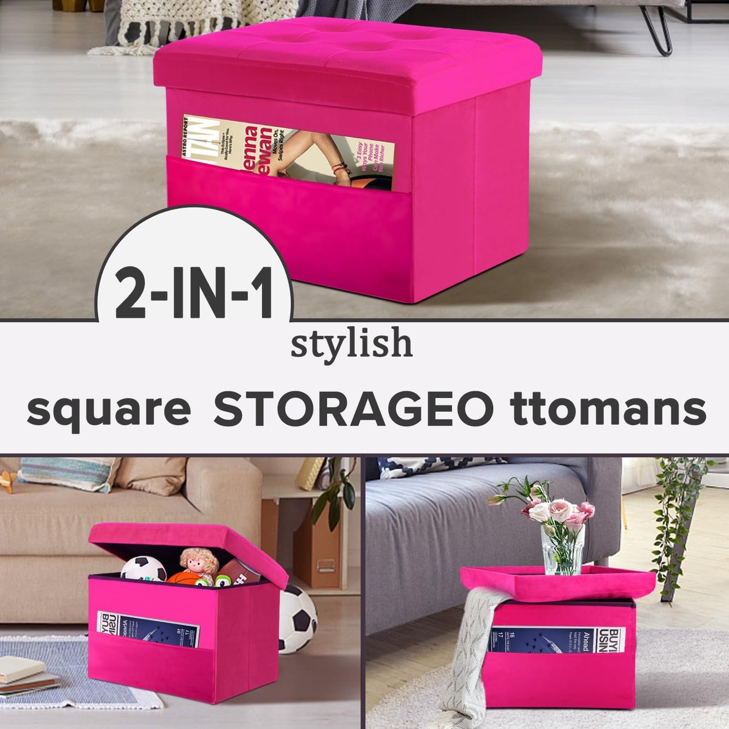 LINMAGCO Storage Ottoman Folding Foot Stool Foot Rest with Side Pocket Modern Ottoman with Storage Short Sofa Stool Velvet 17x13x13(ROSEO)