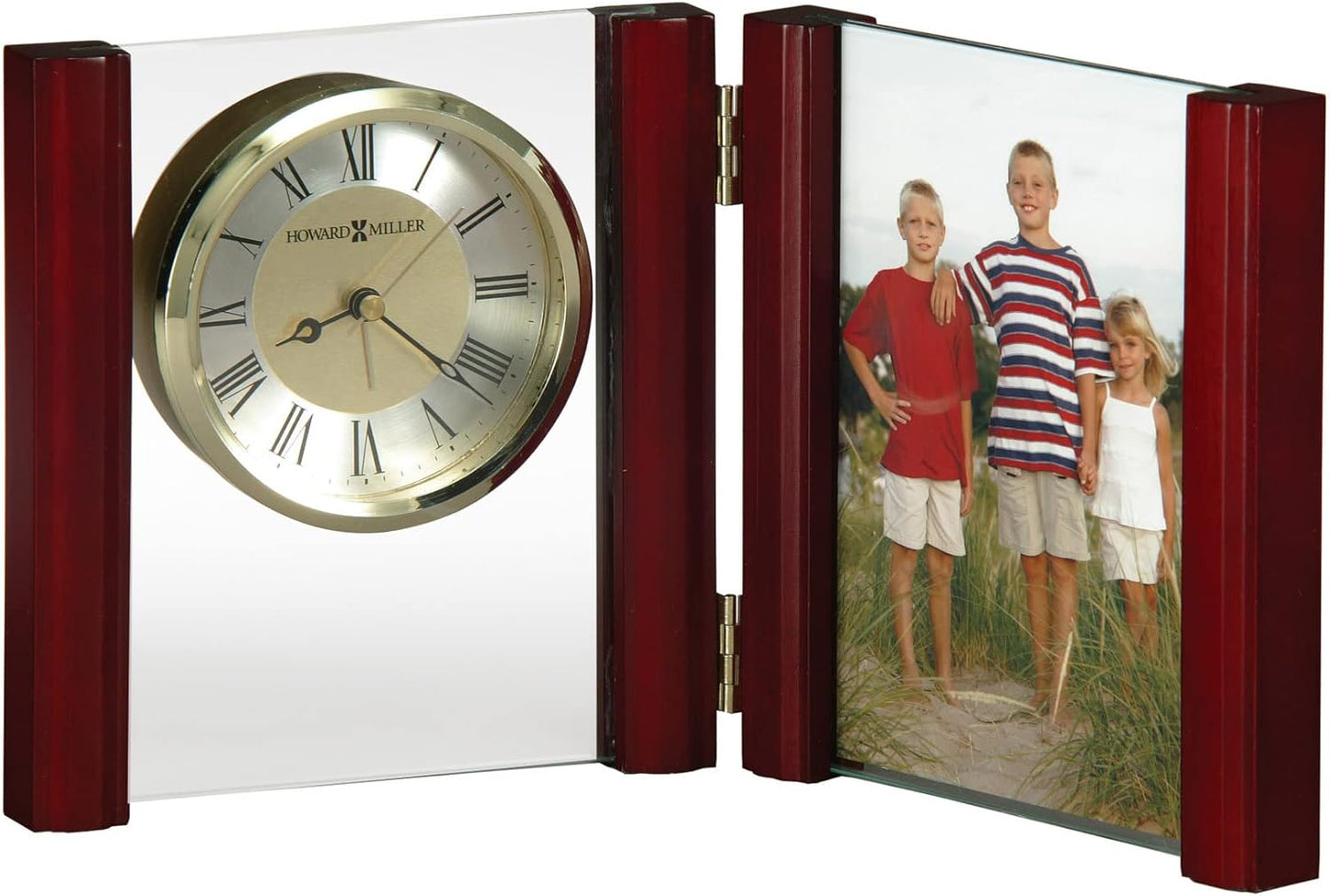 Howard Miller Alex Tabletop Clock, Wood Finish Side Columns Golden Analog Display | Battery Powered Quartz Alarm Movement Crystal Clock, Perfect for Office Room and Home Decor