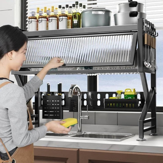 Kitchen sink rack dishwashing sink countertop dustproof cupboard storage multifunctional tableware storage drain rack double layer,KeepKitchen Sink Shlef Organized Space-Saving(Black,65cm/25.6in)