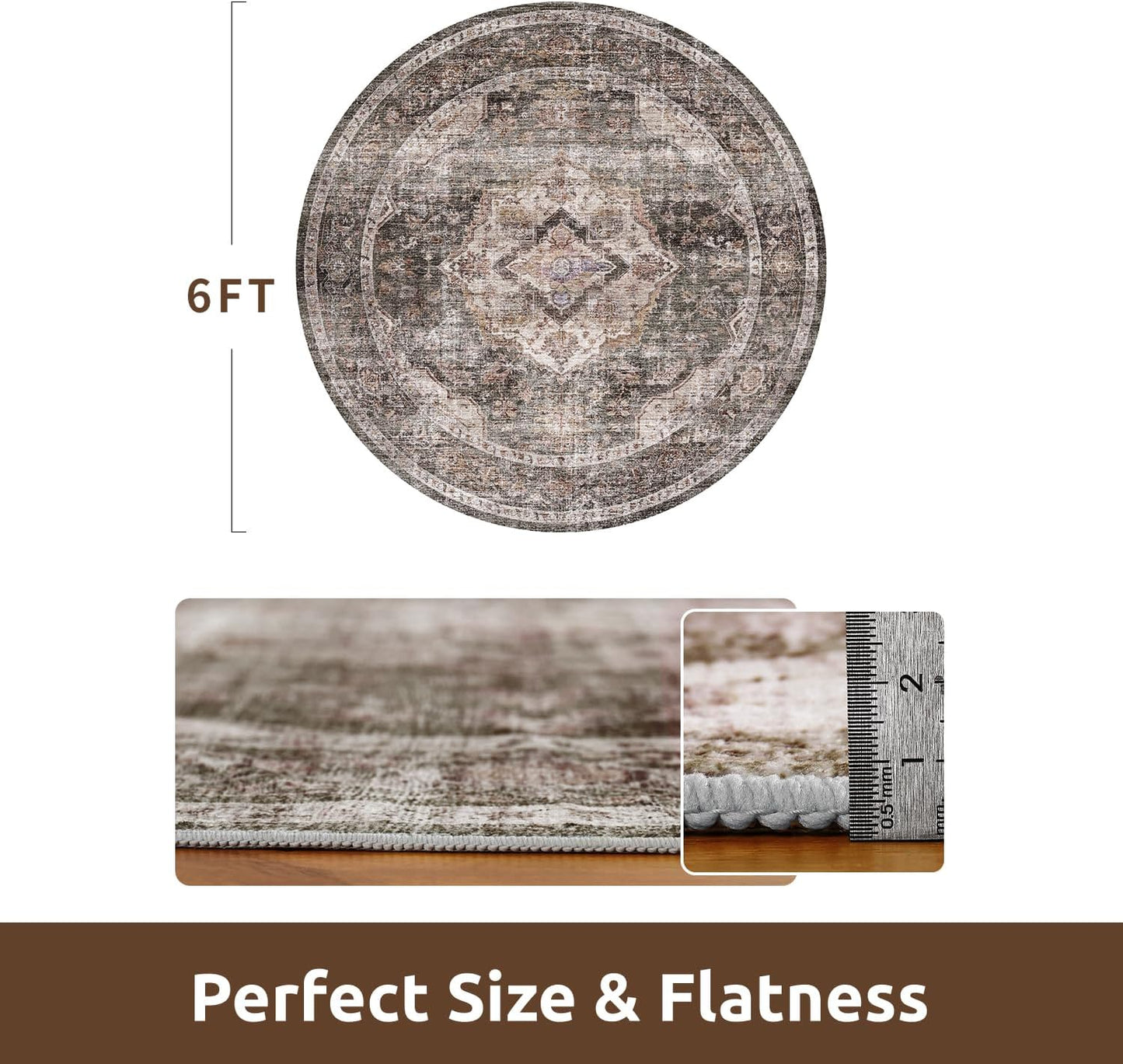 AMOAMI-6FT Round Rug-Rugs for Living Room-Vintage Soft Brick/Brown Rugs for Bedroom-Non Slip Circle Rug-Machine Washable Rug for Dining Room Living Room Bedroom Office Under Table