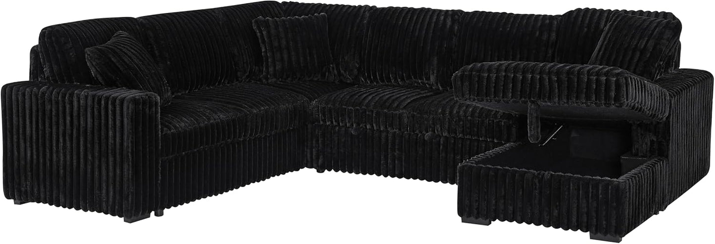 THSUPER 122-Inch Oversized U Shaped Plush Corduroy Fluffy Sectional Sleeper Sofa with Pull Out Bed, Storage Chaise Lounge and USB Charging Port - Black