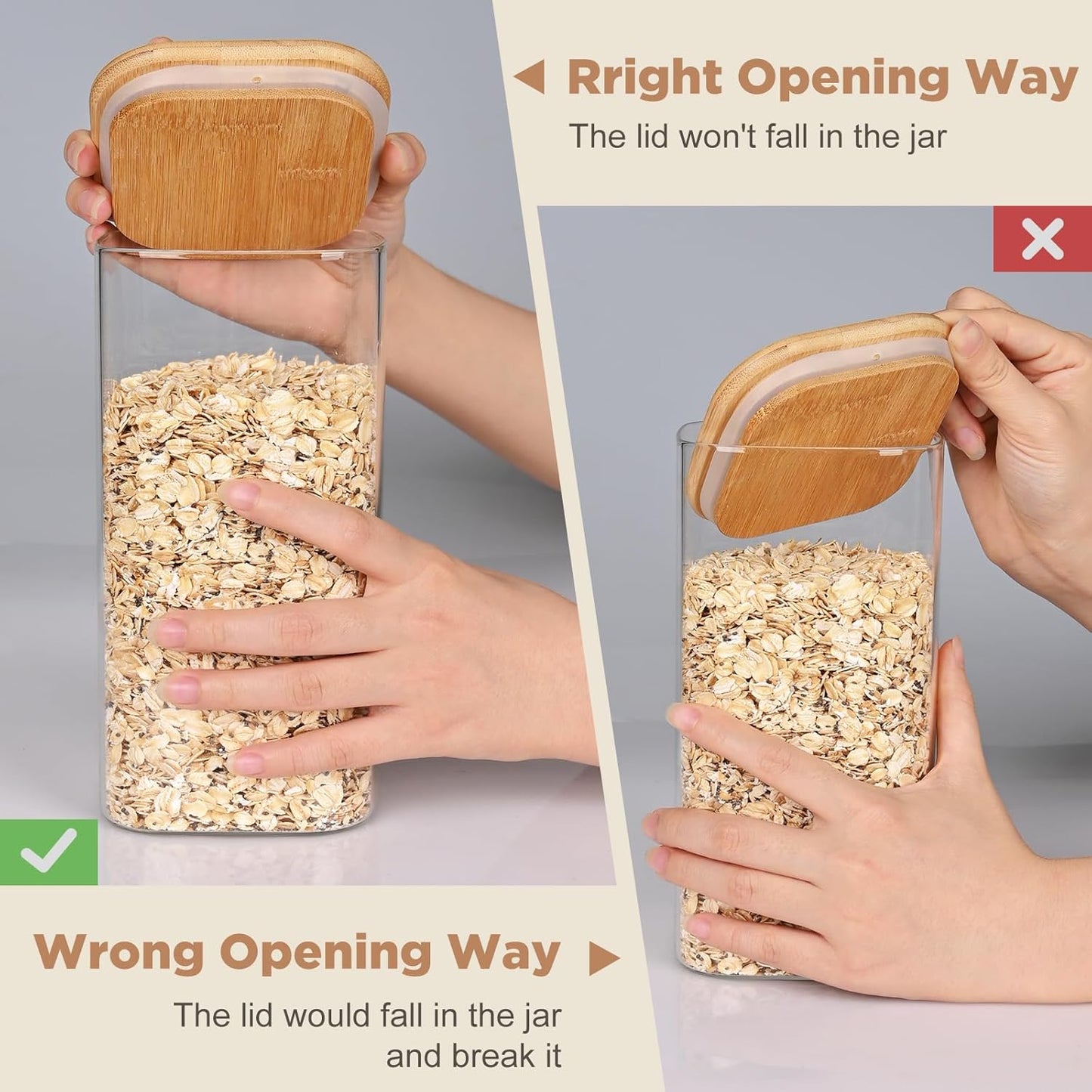 Glass Pasta Storage Jars Square 73oz, 3 Pack Glass Jars With Bamboo Lids, Tall Kitchen Storage Containers For Pasta, Storage For Pantry Organizers