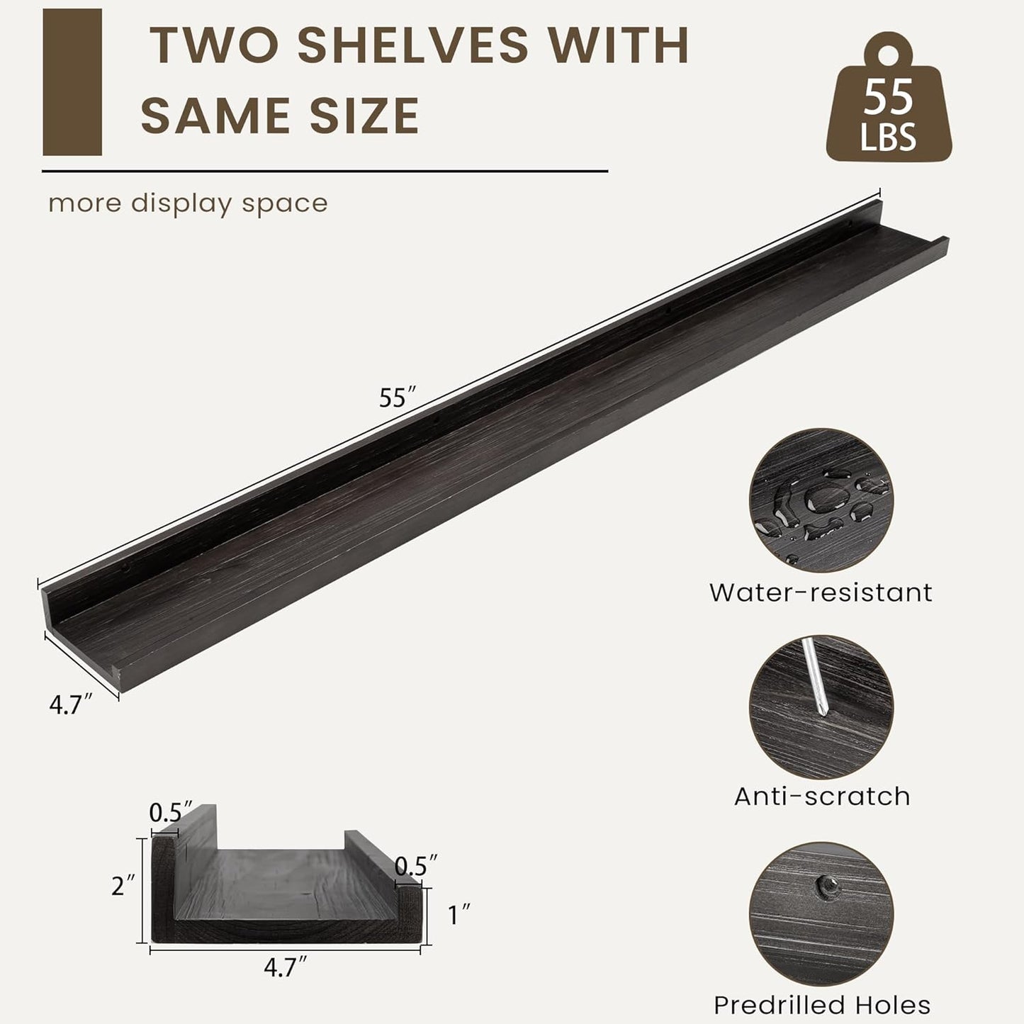 Floating Shelves for Wall, Picture Ledge Shelf 55 Inch Solid Wood Set of 2, Rustic Wall Shelves with Lip, Kids Bookshelf, Photo & Picture Live Edge Floating Shelves for Bedroom, Living Room, Kitchen