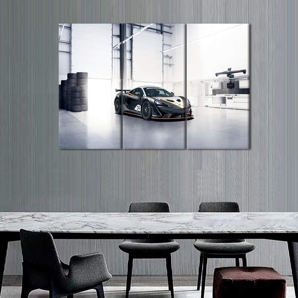 TUMOVO 3 Pieces Black and White Sports Car Wall Art Picture Home Decoration Living Room Canvas Print Painting Wall Picture with Frame and Stretched Ready to Hang - 12 x 24 inch x 3 Panels
