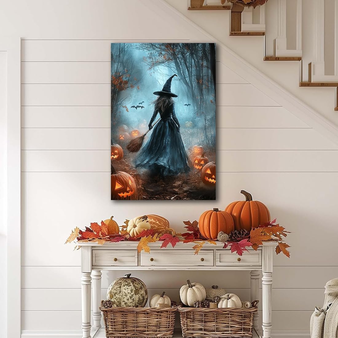 Vintage Moody Halloween Witch Artwork Wall Decor,Spooky Halloween Gothic Canvas Artwork Creepy Horror Witch with A Broom Pumpkin Bats Rustic Forest Picture,Dark Academia Poster,16"x24" Unframed