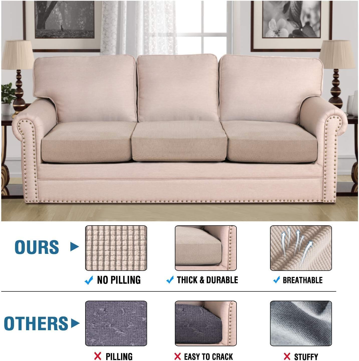 H.VERSAILTEX Super Stretch Individual Seat Cushion Covers Sofa Covers Couch Cushion Cover Slipcover Sets Thick Jacquard Textured Twill Fabric (3 Piece XL Sofa Cushion Covers, Sand)