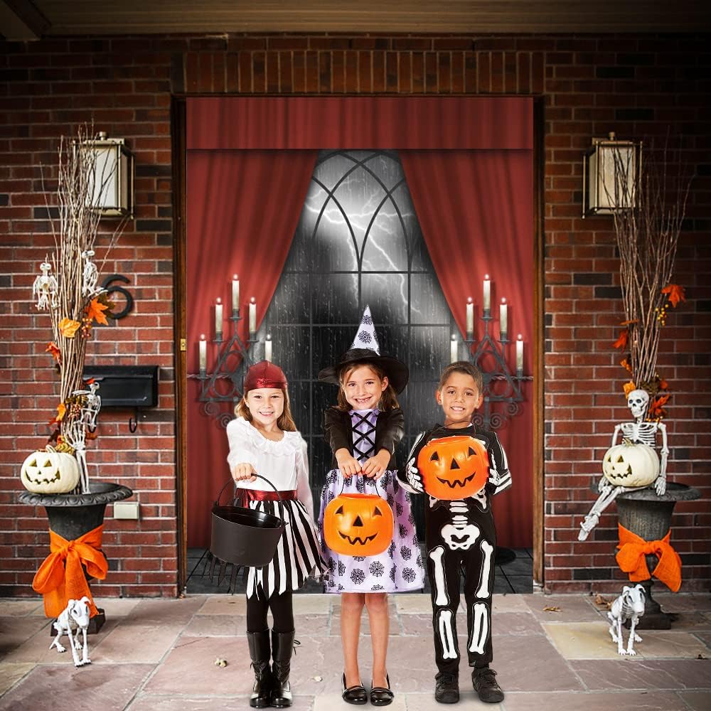 Renaiss 10x15ft Vintage Gothic Window Backdrop Red Curtain Candlestick Black Floor Lightning Stormy Sky Vampire Medieval Castle Photography Background Halloween Dress Up Party Decors Photo Booth Props