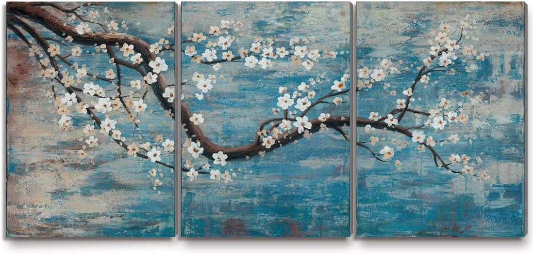 amatop Extra Large Wall Art for Living Room 100% Hand-Painted Framed Decorative Plum Floral Oil Painting Set Decorative Modern Blue Tree Artwork Ready to Hang