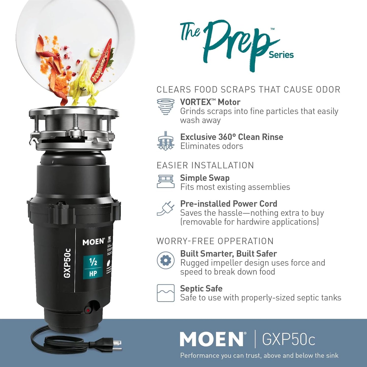 Moen Prep Series PRO Continuous Feed Compact Garbage Disposal for Kitchen Sink with Power Cord, GXP50C