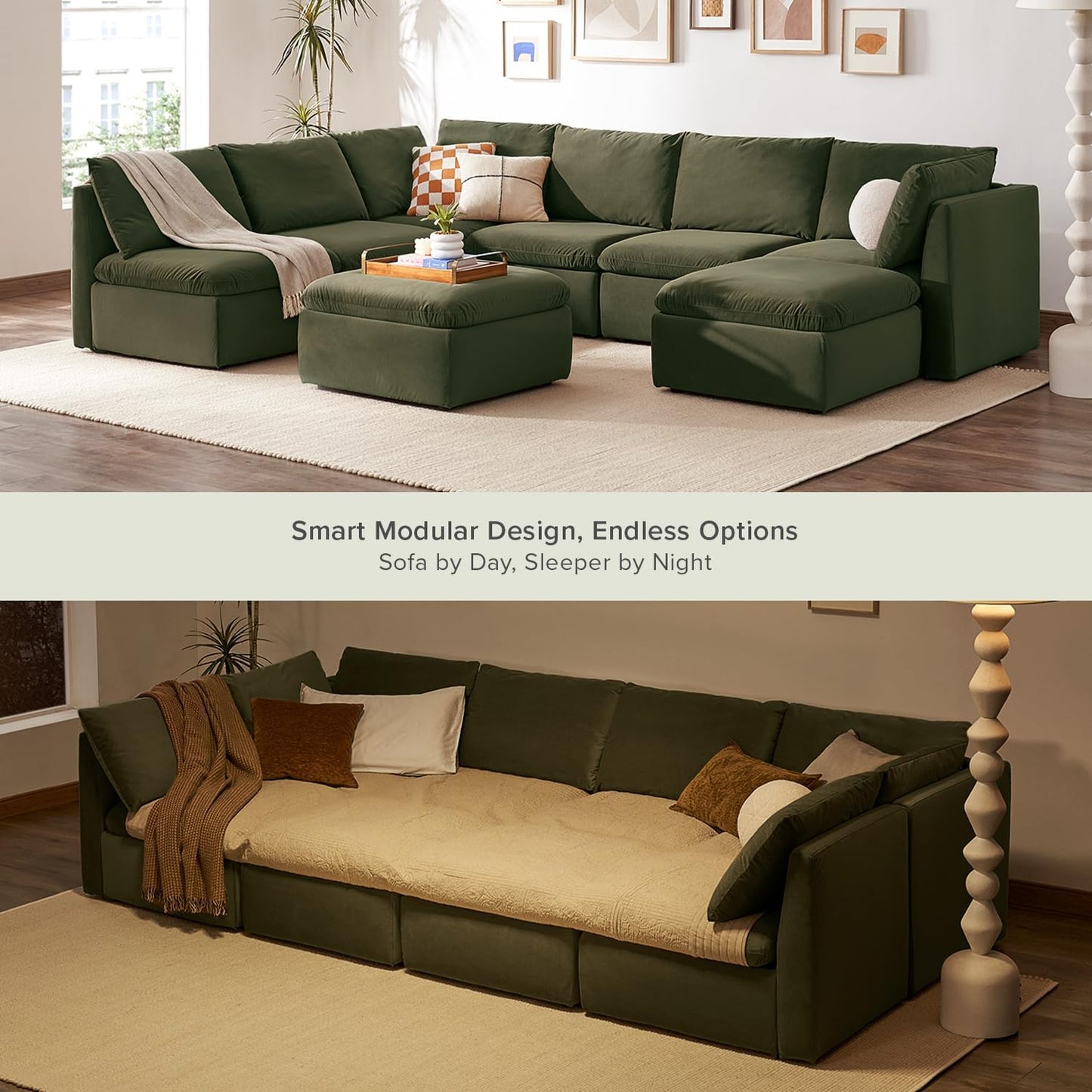 mopio Oversized Modular Sectional Sofa with Fully Removable Covers and Storage, Convertible U, L-Shaped and Sleeper Sectional, Modern Couches with Ottoman Chaise (Olive Green Velvet, 8 Seats, Sleeper)