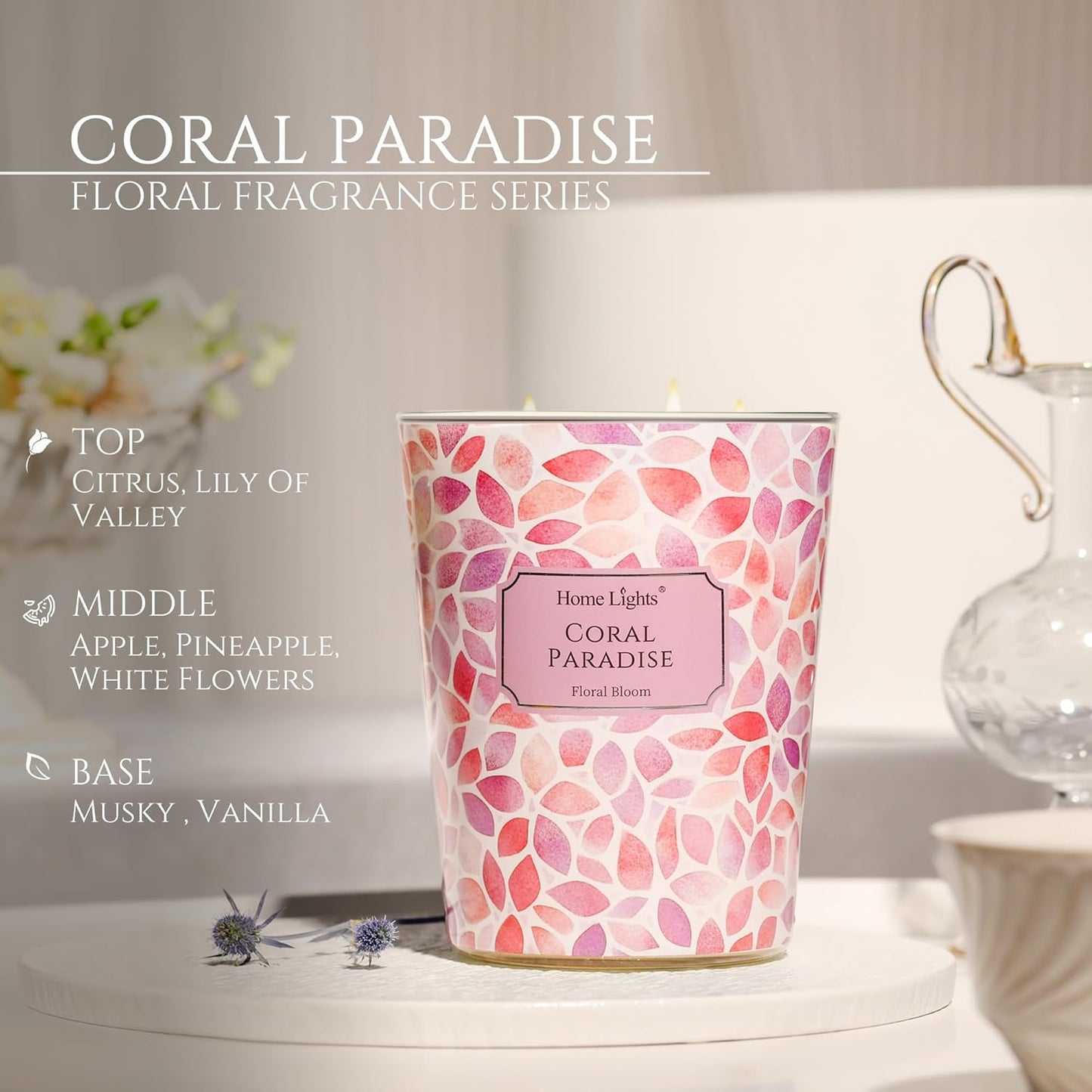 HomeLights Coral Paradise Scented Candles | 34oz Soy Candles Bohemian Natural Textures 3-Wick Large Candle Jars | Ideal Candle Gifts for Events, Home Decor Stress, Relief & Relaxation