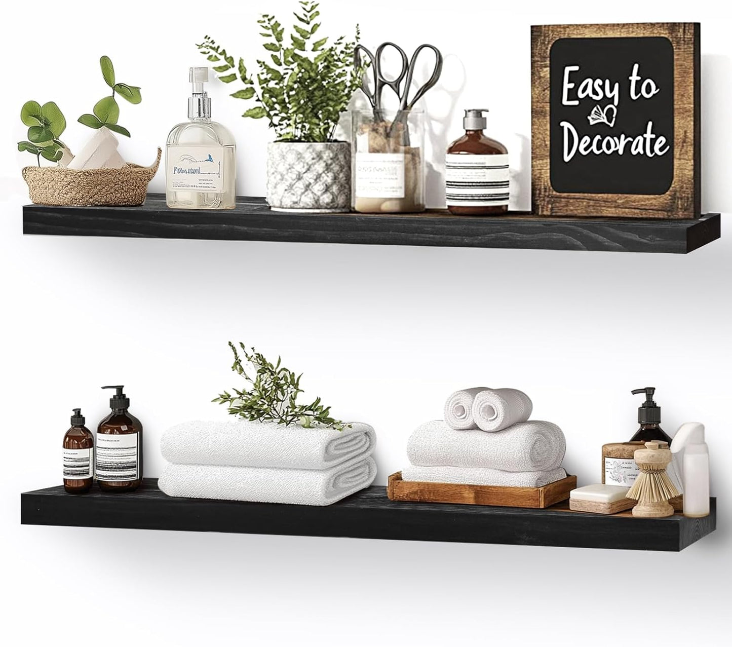 Floating Wall Shelves 2-Pack - Rustic Black 16-inch Wooden Wall Shelves for Storage and Décor, Multi-Functional and Easy to Install for Living Room, Bedroom, and Kitchen