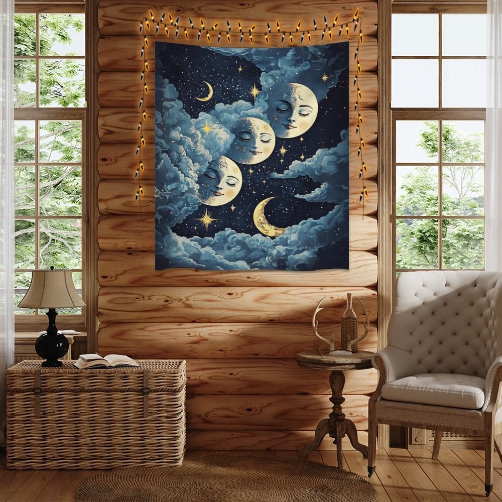 Blue Moon Faces Tapestry Celestial Wall Art Dark Academia Aesthetic Print Stars Clouds Tapestries Wall Hanging whimsical Gothic Home Decor for Bedroom Living Room 30x40inch
