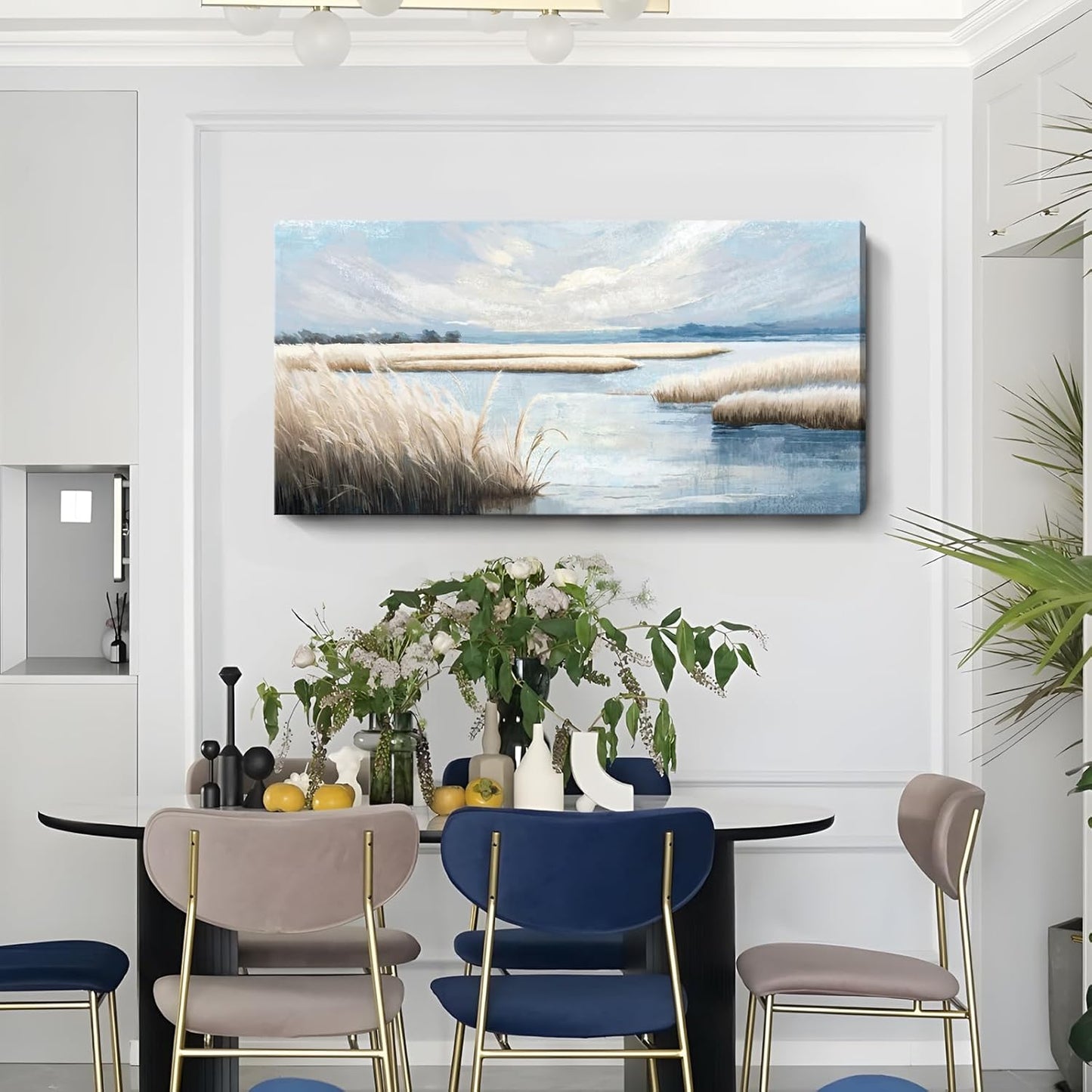 amatop Large Coastal Wall Art Abstract Landscape Beach Ocean Marsh Canvas Print Calming Soft Blue and Beige Wetland Picture Minimalist Neutral Nature Artwork for Bedroom Living Room Office 48x24