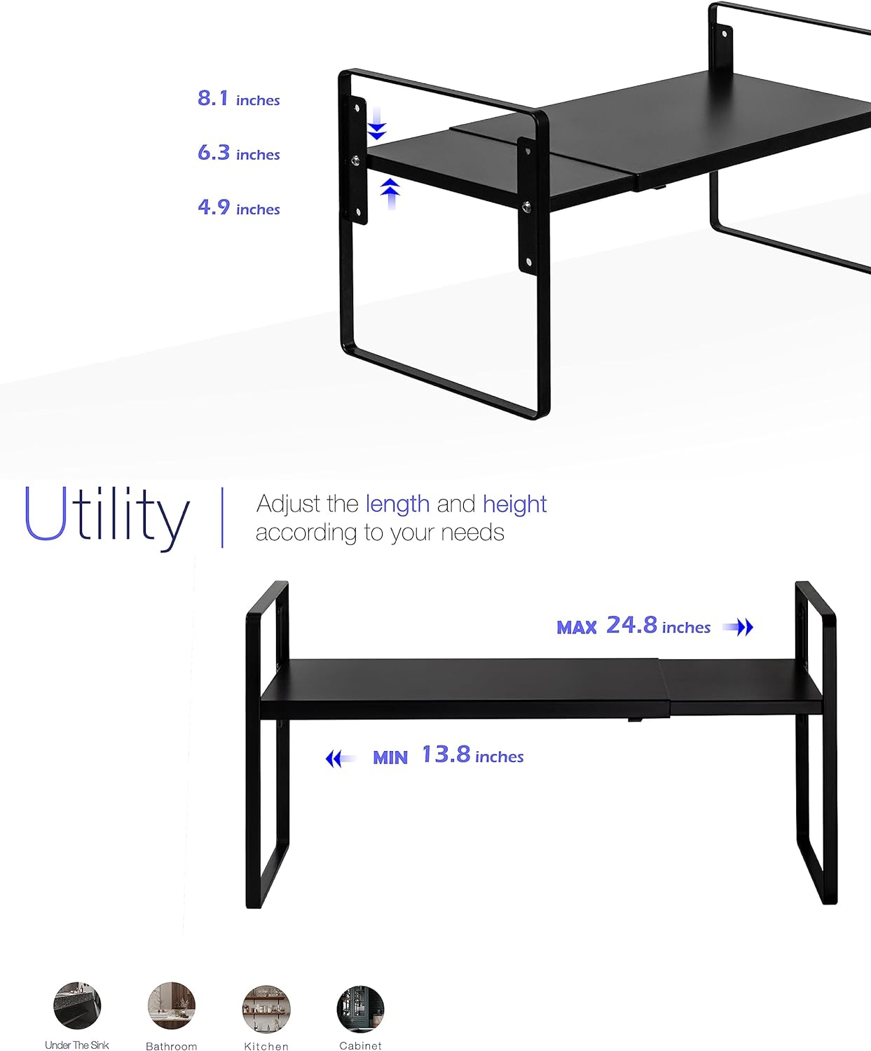 Nxconsu Cabinet Shelf Expandable Height Adjustable Organizer Riser for Kitchen Cabinet Pantry Cupboard Under Sink Countertop Organization Storage Space Saver Stackable Heavy Duty Metal Black