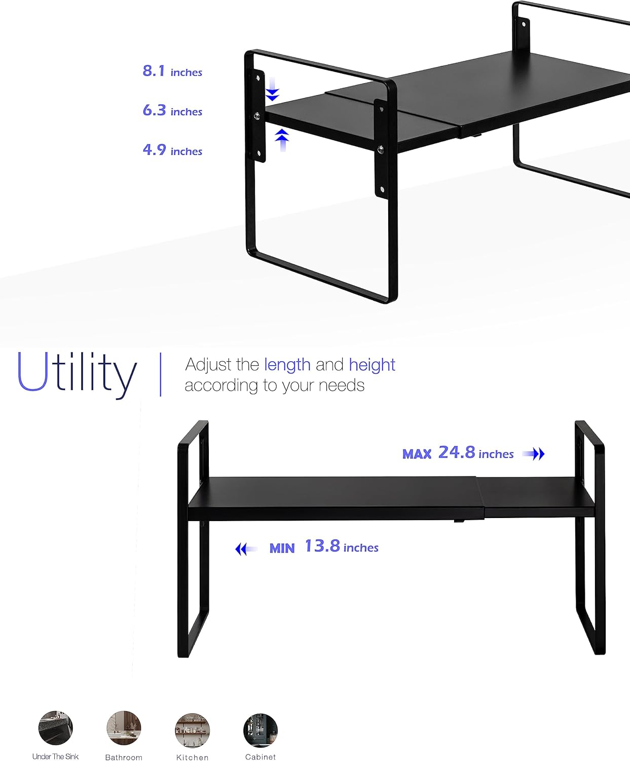 Nxconsu Cabinet Shelf Expandable Height Adjustable Organizer Riser for Kitchen Cabinet Pantry Cupboard Under Sink Countertop Organization Storage Space Saver Stackable Heavy Duty Metal Black XL
