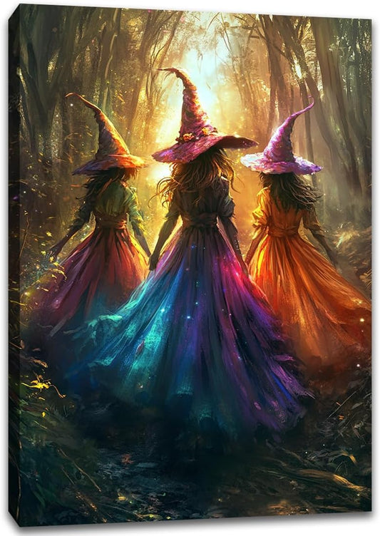 Halloween Room Decor Wall Art Colorful Witch Prints,Vintage Three Colorful Witches in Forest Halloween Posters,Fall Fantasy Aesthetic Pictures Playful Art Wall Decor for Bedroom,20"x30" Framed