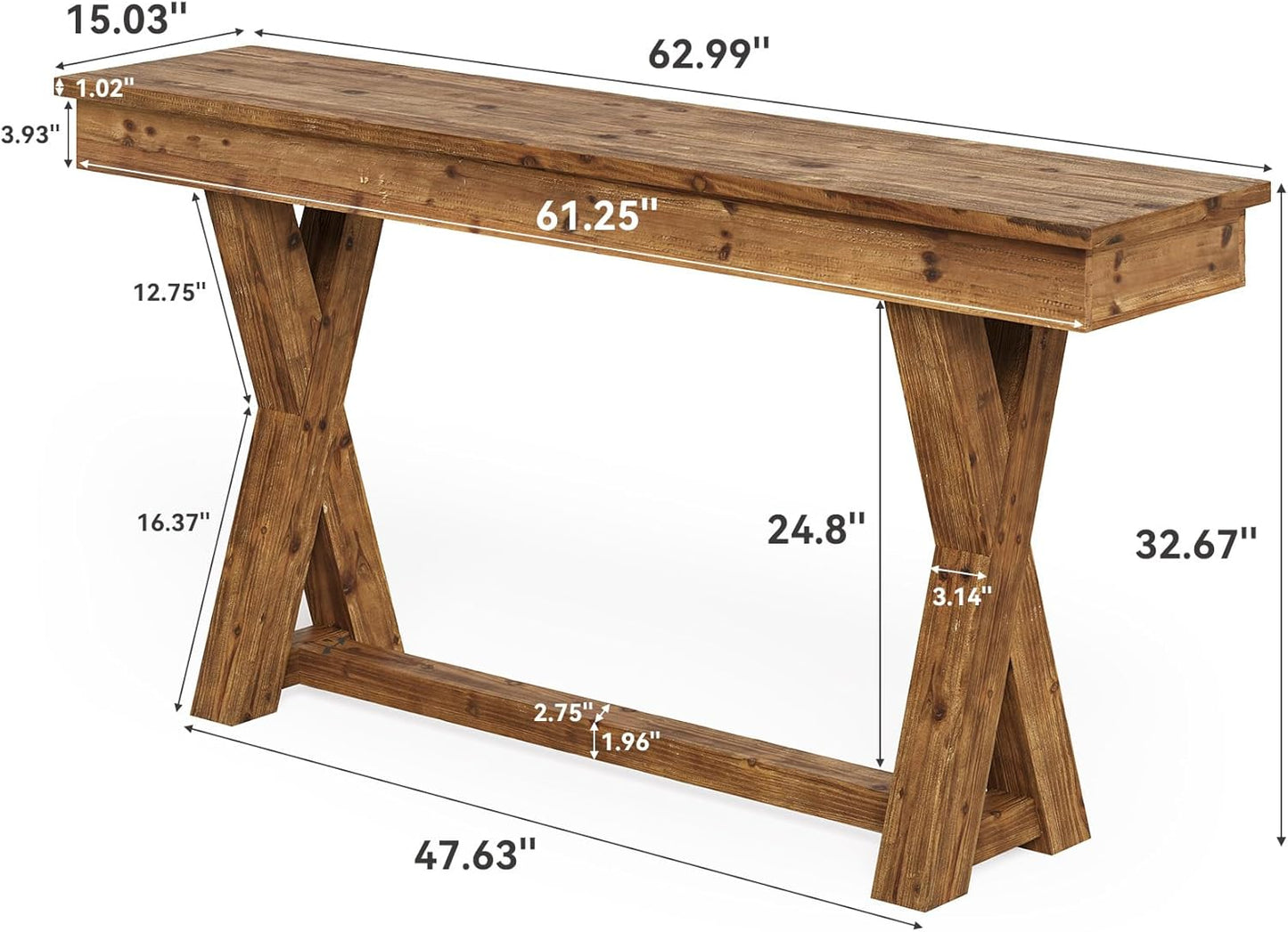 Solid Wood Console Table, 63-Inch Farmhouse Entryway Table with X-Shaped Legs, Real Wood Behind The Couch Table for Living Room, Entrance, Hallway, Easy Assembly