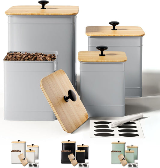 Kitchen Canisters for Countertop Set of 4 with Customizable Chalkboard Labels & Marker Pen - Big Iron Kitchen Canisters with Airtight Lids - Gray Canister Set - Flour and Sugar Containers Farmhouse
