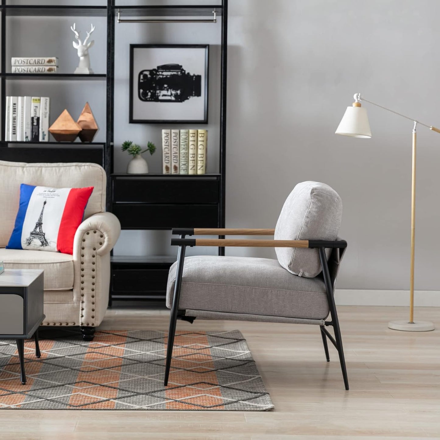 Mid-Century Accent Chair Set of 2, Soft Armchair Chenille Fabric Lounge Chair with Black Metal Legs, Upholstered Leisure Chair for Living Room Bedroom Reception Room, Grey