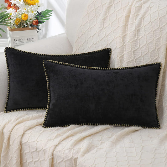 decorUhome Chenille Soft Throw Pillow Covers 12x20 Set of 2, Lumbar Velvet Farmhouse Neutral Decorative Euro Pillow Covers with Stitched Edge for Couch Sofa Bed Home Decor, Black