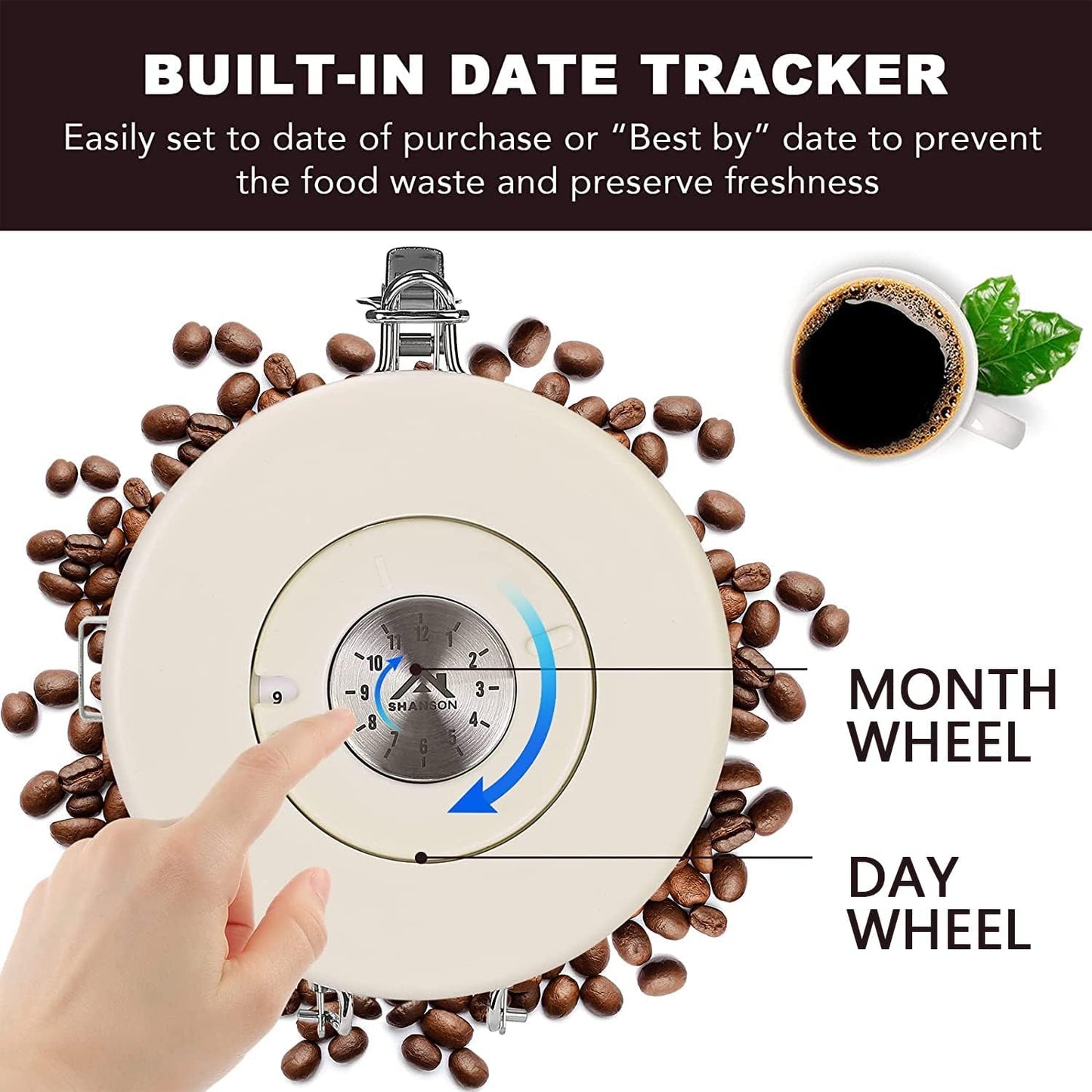 ShanSon Coffee Canister Airtight Coffee Container Stainless Steel Coffee Bean Storage Container with CO2 Release Valve and Scoop Coffee Canister for Beans,Grounds,Sugar,Flour,Tea,Cereal,16OZ,Off-White