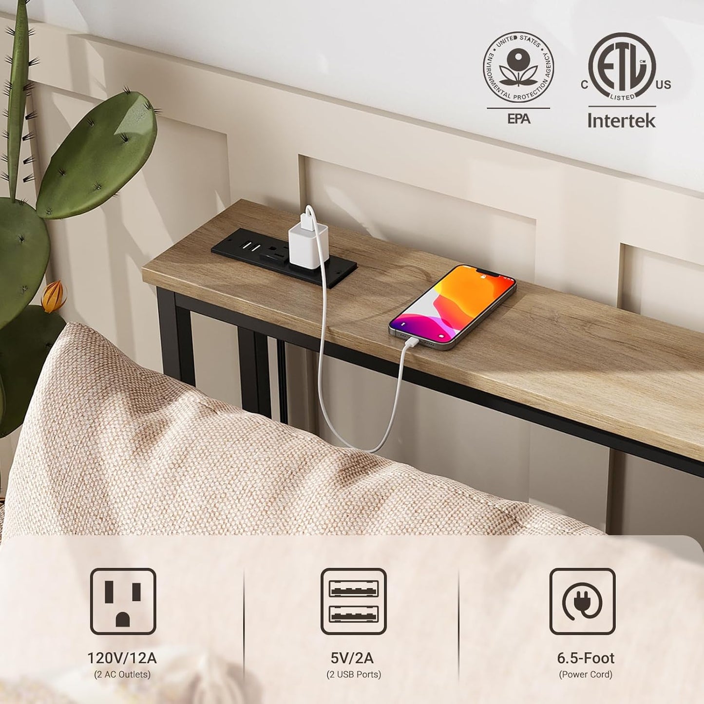 ELYKEN 5.9" Narrow Console Sofa Table with Power Outlets, 5.9" Dx39.4 Wx31.1 H Long Couch Table with Metal Frame and Charge Station with 6.5’ Extension Cord, White Oak