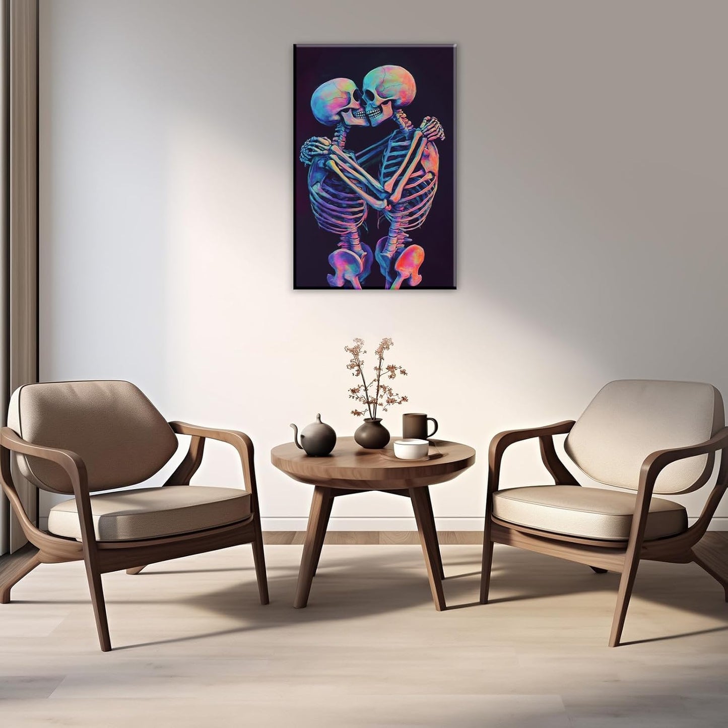 Skeleton Wall Art Kissing Skull Art Poster Skeleton Lover Picture Print On Canvas Abstract Horrible Theme Painting Framed Artwork Living Room Decor(Artwork-3,28"x42")