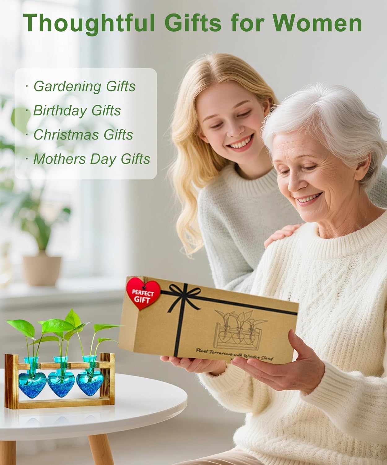 Nacome Plant Terrarium for Office Decor: Birthday Gifts for Plant Lovers Women Mom Wife - Wooden Stand Tabletop Planter 3 Bulb Glass Vase Heart Shaped for Hydroponics Indoor Home