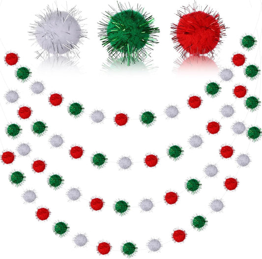 4Pack 120Balls Christmas Glitter Pom Pom Garland Ornaments, 26.5 Feet Felt Ball Glittery Banner, Red White Green Christmas Tree Garland for Xmas Birthday Party Wall Home Decor