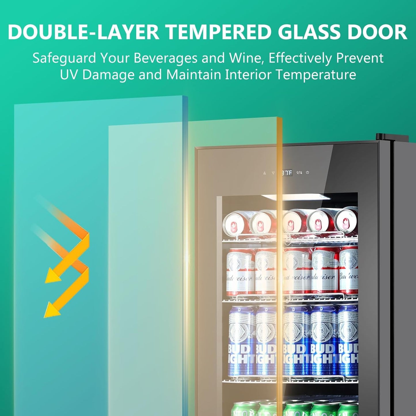 101 Cans Compressor Beverage Refrigerator, 17 Inch Drink Fridge with Glass Door, Adjustable Removable Shelves, Quiet Operation, Temp Memory, Beer Cooler for Soda, Beer, Water, Home Bar, Office