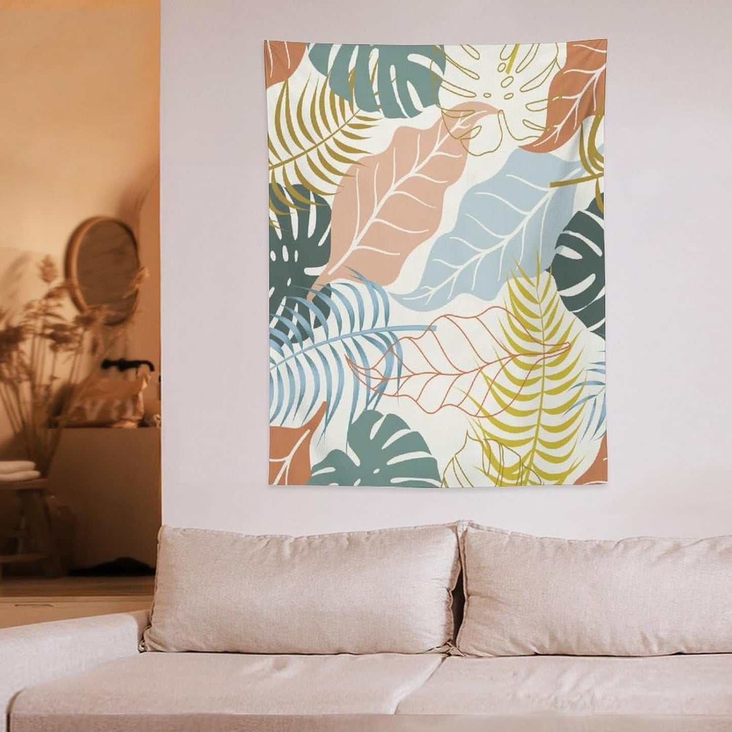 ICMOLYYENLO Boho Green Leaves Tapestry, Mid Century Abstract Tropical Palm Leaves Modern Minimalist Geometric Wall Hanging, Neutral Home Decor Art for Living Room Bedroom Dorm 60x60 Inch