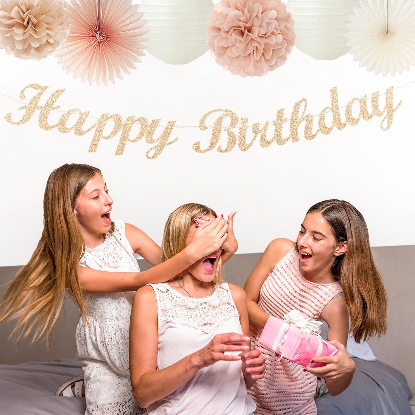 Champagne Rose-Gold Beige Birthday Party-Decorations - 14pcs Happy Banner Boho Lanterns Tissue Pom Poms,Rustic Streamers Garland Fans,Neutral One Sweet Peach Girls Women Hanging Supplies Decor Hugfond