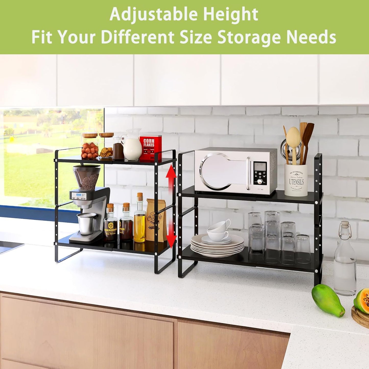 Expandable Cabinet Shelf Organizer Rack, Stackable Kitchen Countertop Organizer Storage Shelves, Adjustable Height Pantry Counter Shelf Riser Spice Rack (Black, 2 Pack)