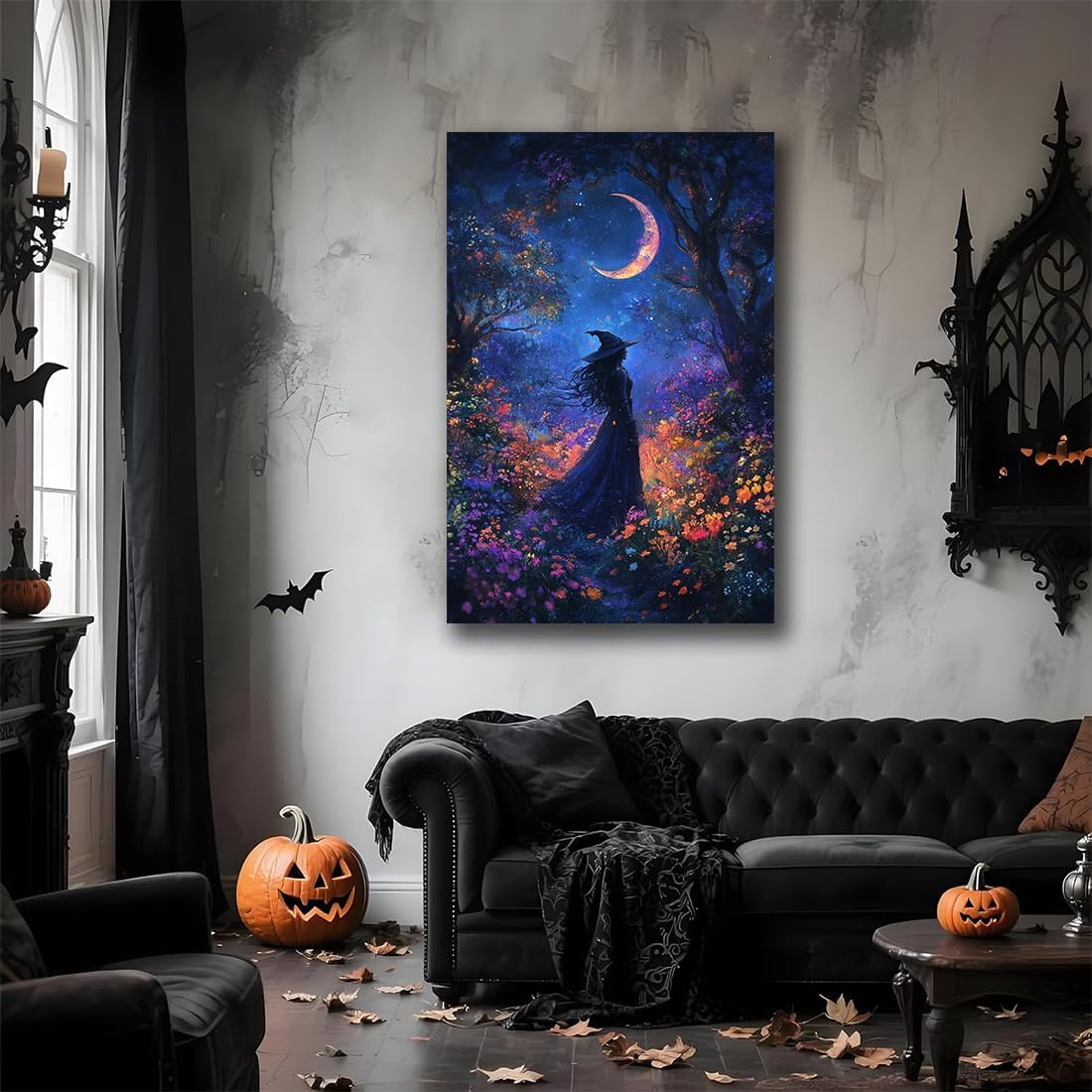 Vintage Halloween Witch Decor Mystic Gothic Wall Art Poster,Enchanting Witch Fall Whimsical Wildflowers Woodland Forest Crescent Moon Picture Art,Creepy Witchy Home Decor,8"x12" Framed
