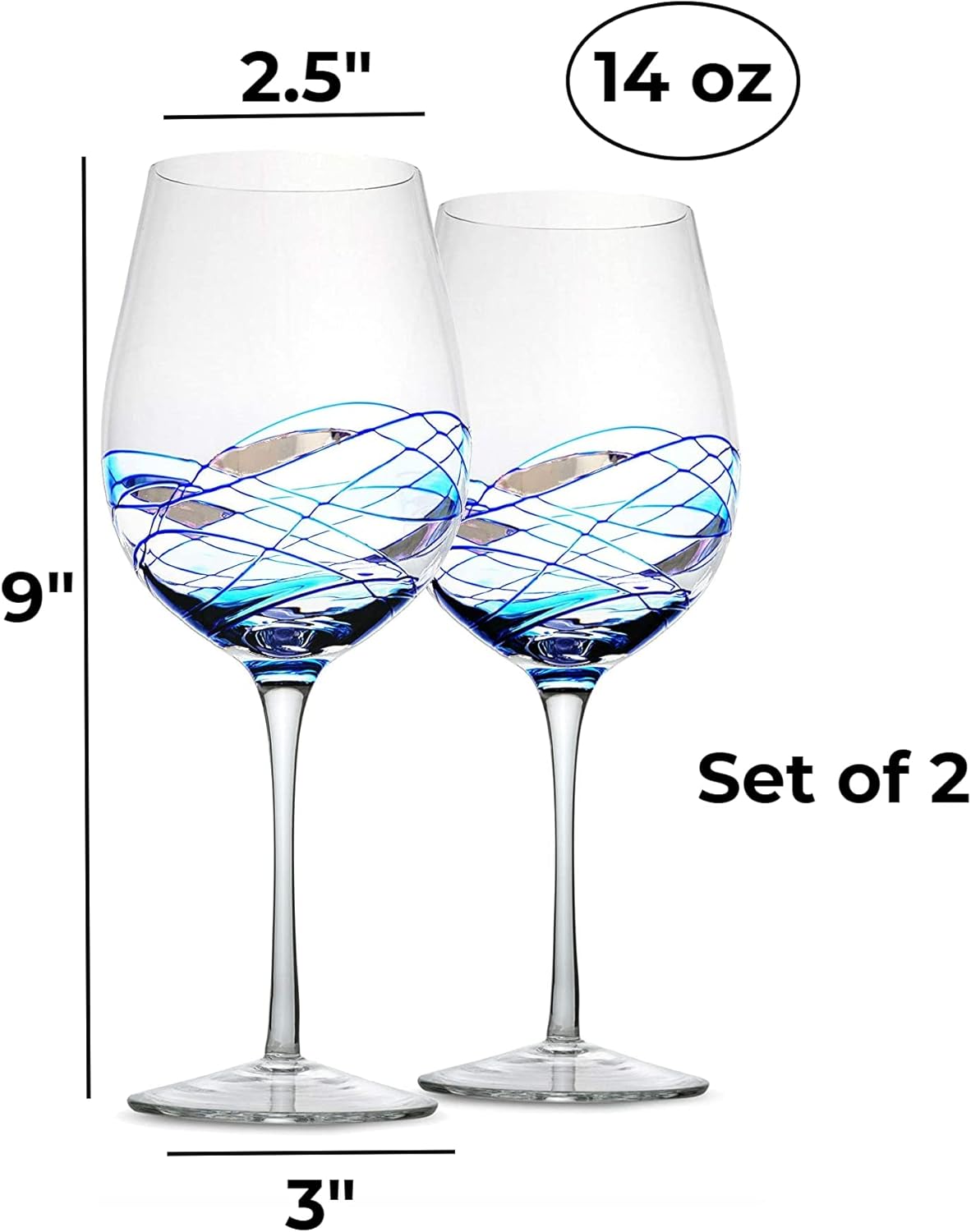 Bezrat Wine Glasses Hand Painted - Set of 2 - Women Wine Gift - Wine Lover Glass - Beautiful Glassware Gifts Ideas for Women Inspired by 'Duomo di Milano' Mothers Day - 12 oz (Blue)