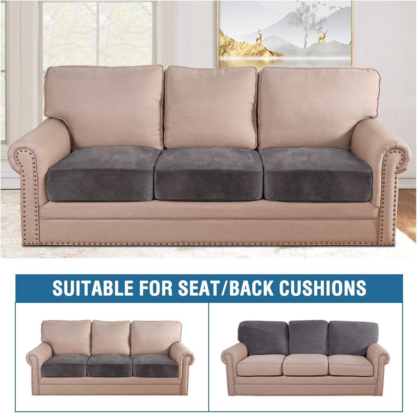 H.VERSAILTEX Velvet Stretch Couch Cushion Cover Plush Cushion Slipcover for Chair Loveseat Sofa Cushion Furniture Protector Seat Cushion Sofa Cover (3 Piece Sofa Cushion Covers, Grey)