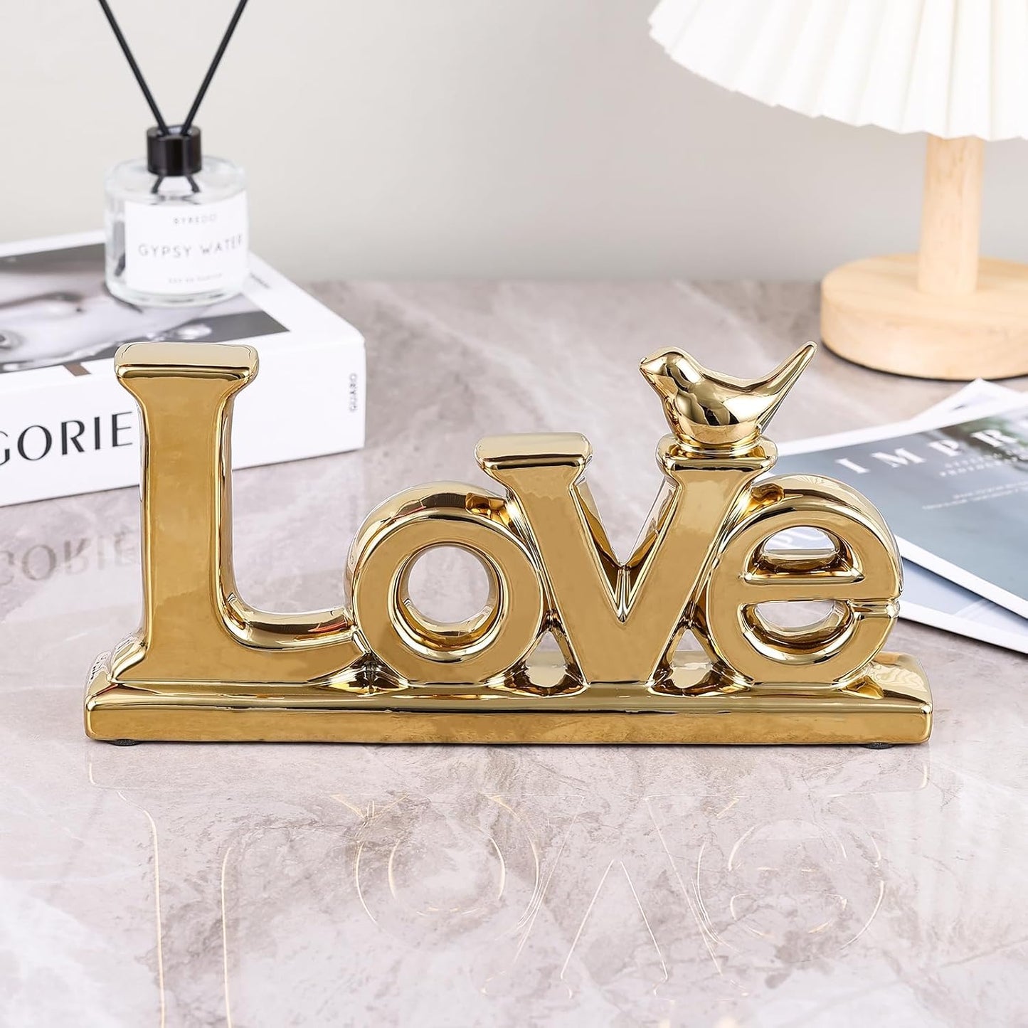 Gold Love Sign Statue - Personalized Home Decor, Bird Sculpture for Living Room, Bedroom, Desktop & Cabinets