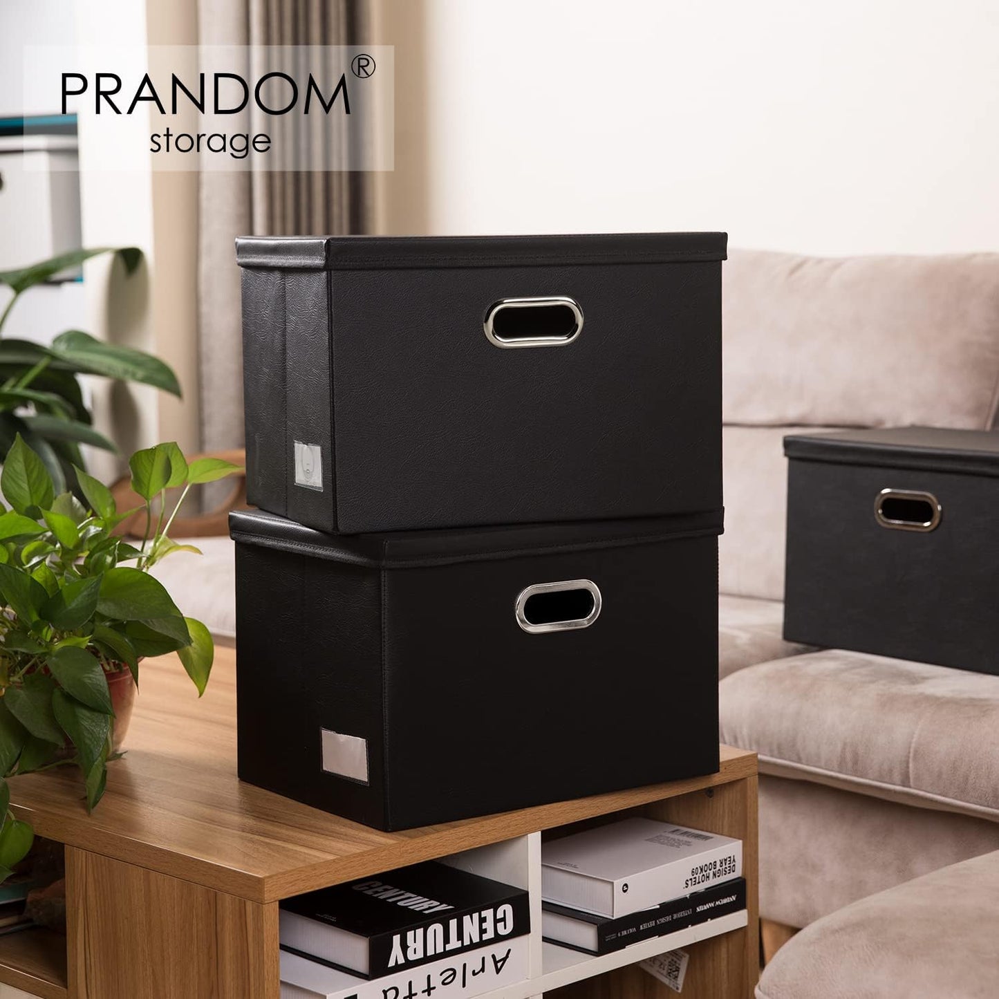 PRANDOM Collapsible Storage Bins with Lids [3-Pack] Leather Fabric Foldable Storage Boxes Organizer Containers Baskets Cube with Cover for Bedroom Closet Office Nursery Black (14.9x10.8x10)