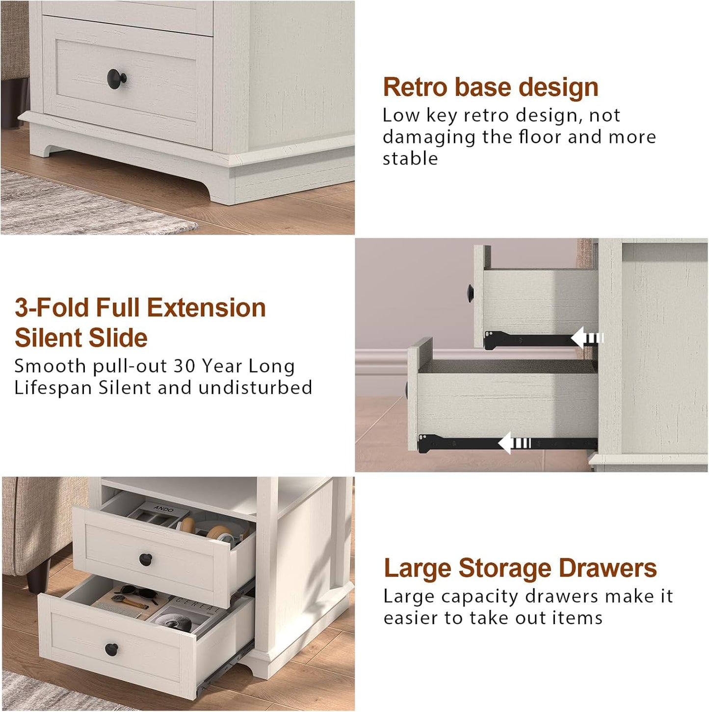 HIFYOBRO Large End Table Set of 2, Flip Top Charging Station and 2 Drawers, Type-C & USB Port & Power outlets, Wooden Storage Cabinet, Side Table with Storage for Living Room and Bedroom (White)