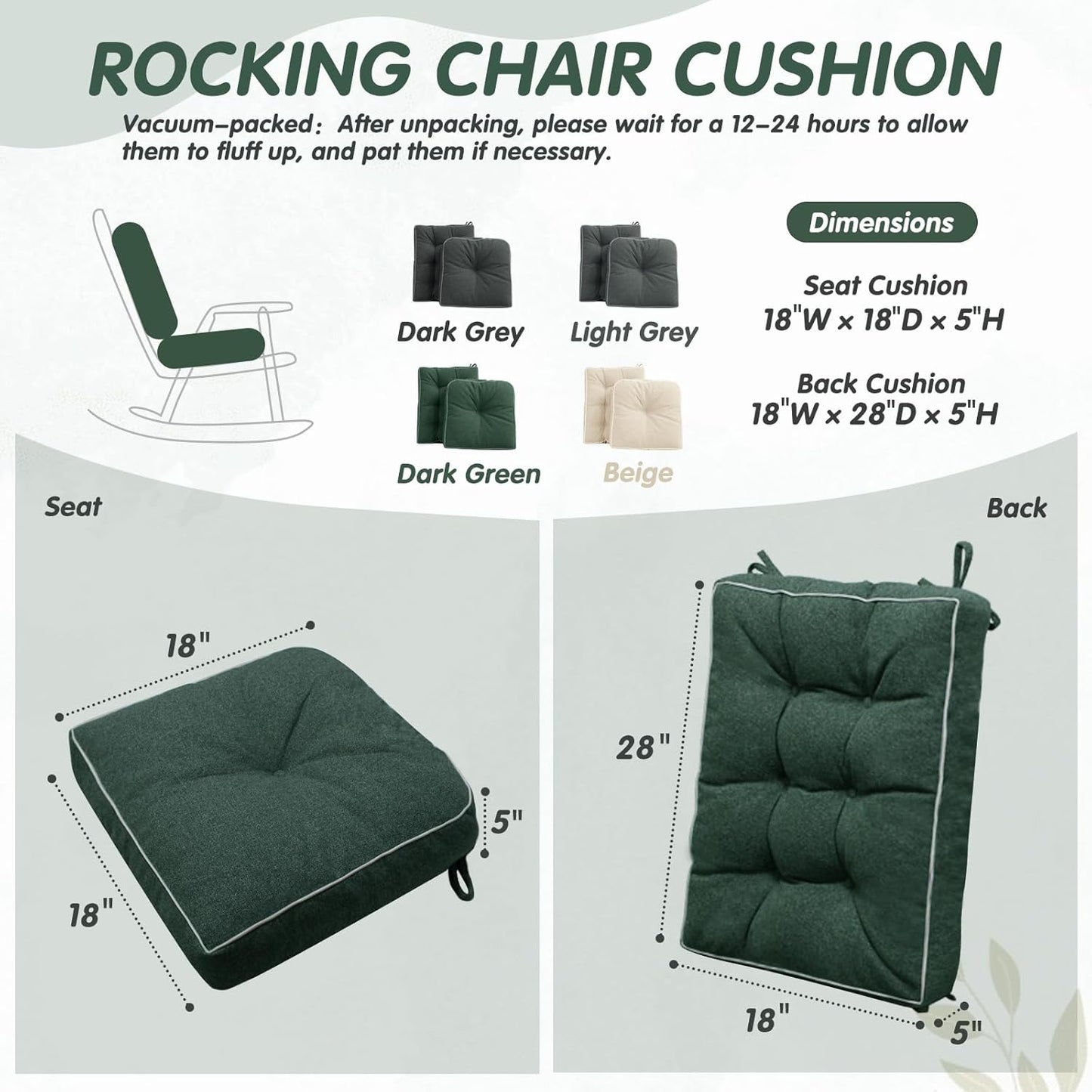 YZ HOME Rocking Chair Cushion, Set of Thicken Seat & Back Chair Cushions with Memory Foam, Non-Slip Chair Pad with Ties for for Indoor&Outdoor Rocker, Dark Green, 28 * 18 * 5/18x18x5