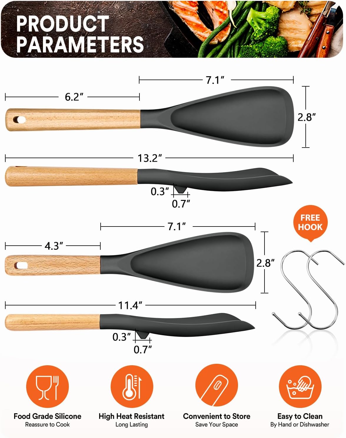 Multifunction Spatula Spoon for Nonstick Cookwares, Great for Cooking and Serving, Sturdy BPA-Free Matte Silicone, Wood Handle Spatula for Mixing, Scoop, and Scrape, Grey(2 pack,11.4" & 13.4")
