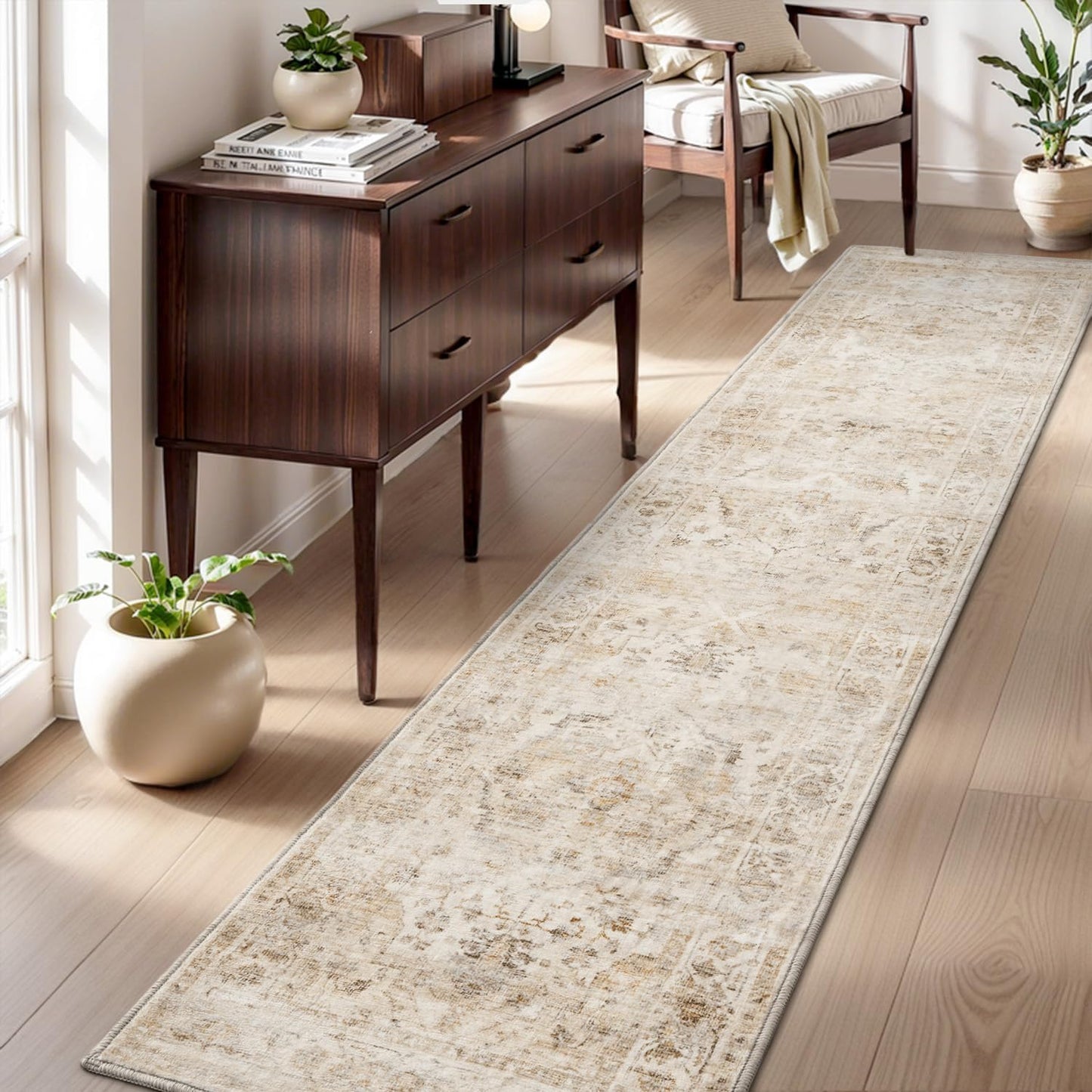 AMOAMI-2X10 Runner Rug-Washable Runners for Hallways-Soft Non Slip Bedside Rugs for Bedroom-Vintage Long Rug for Hallways Entryway Laundry Room Stair Kitchen Bathroom Beige