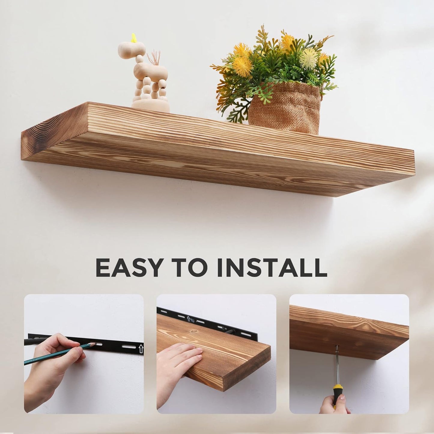 Fun Memories European Pine Floating Shelves for Wall, Mounted Shelf for Decor Storage Set of 2 - Natural Rustic Wooden Wall Shelf for Kitchen Bathroom Living Room Bedroom Farmhouse - Carbonized