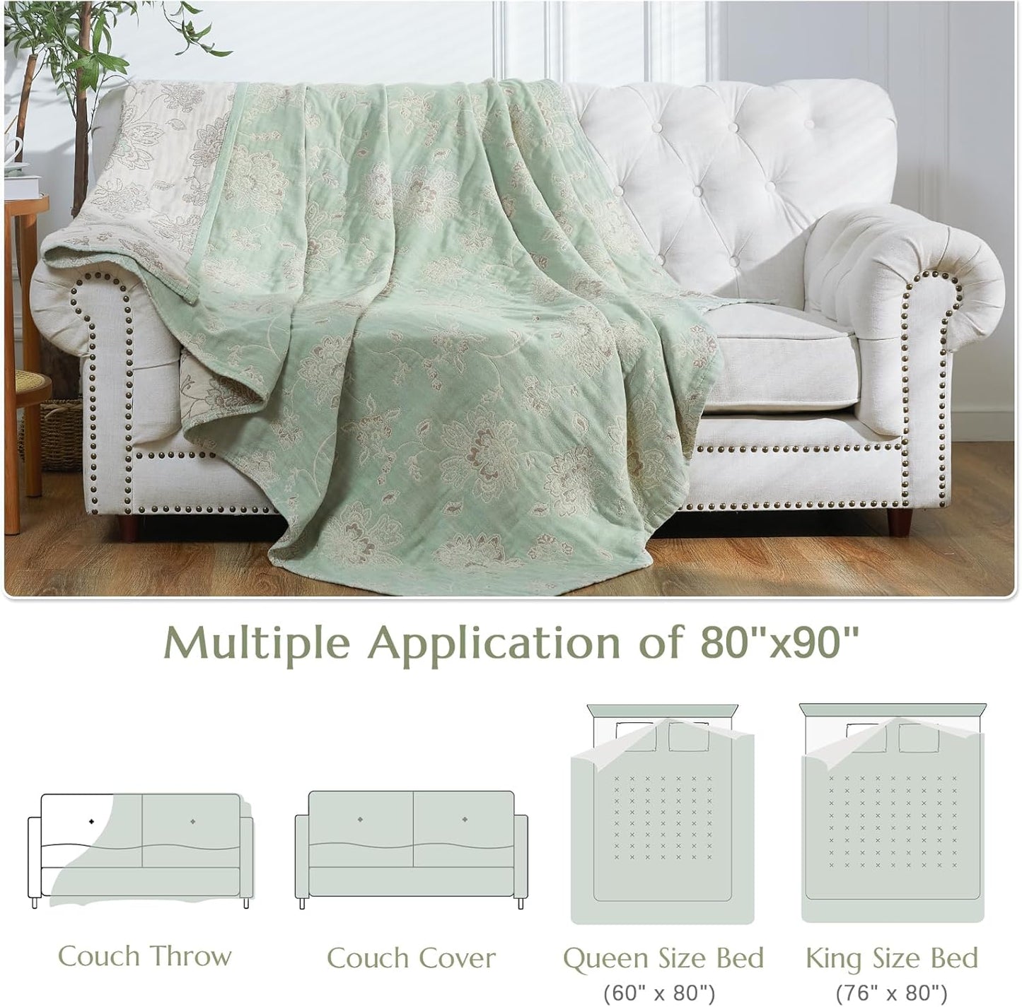 jinchan Boho 100% Cotton Muslin Queen Size 80x90 Inches Blanket Lightweight 4-Layer Quilted Soft Green and Beige Floral Throw Blanket Reversible Comfy Flower Rustic All Seasons Couch Bedroom Decor