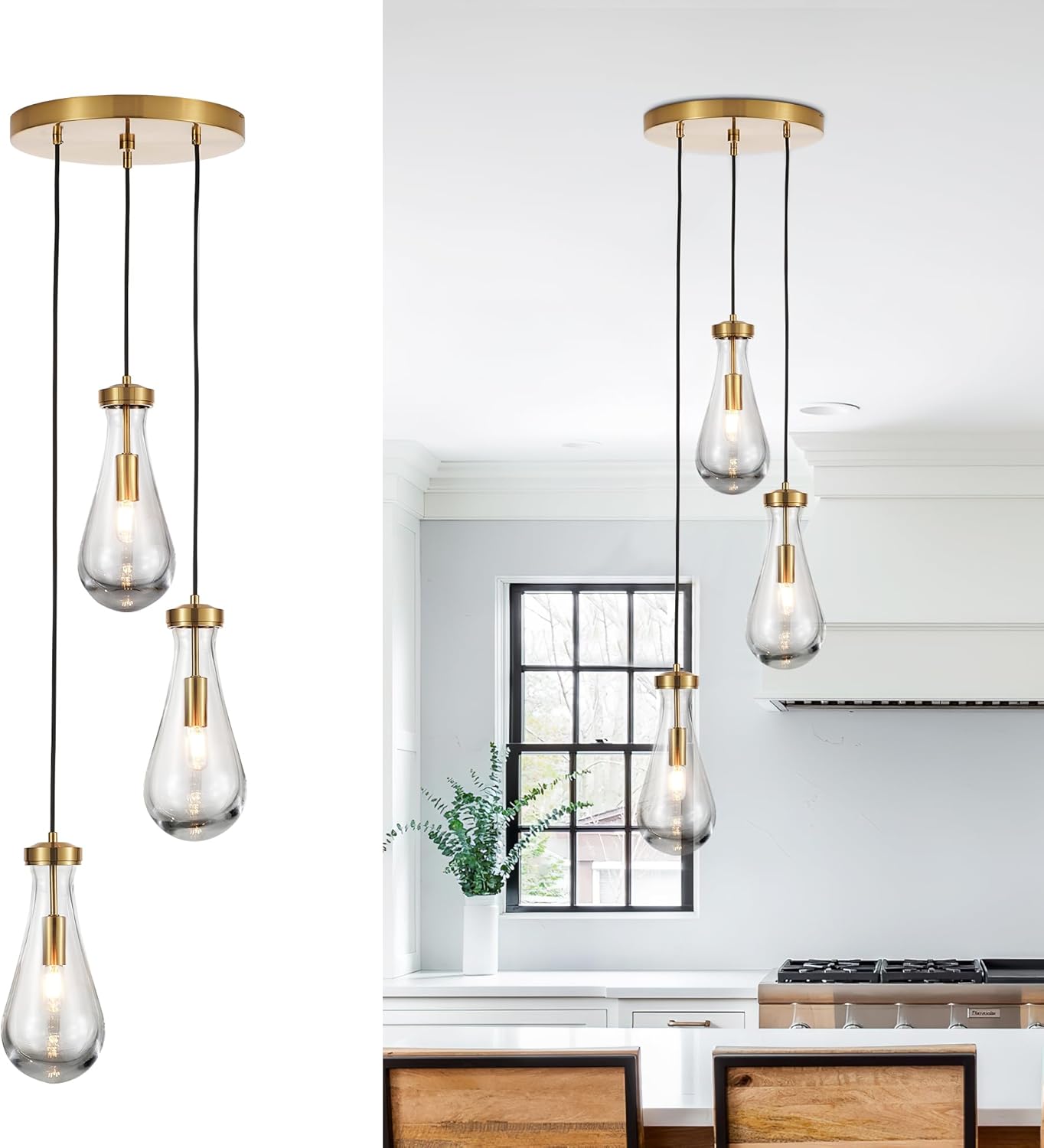 3-Light Raindrop Pendant Light Fixtures, Brass Glass Pendant Lighting, Teardrops Modern Hanging Light for Entryway Foyer Kitchen Island Dining Living Room Hallway