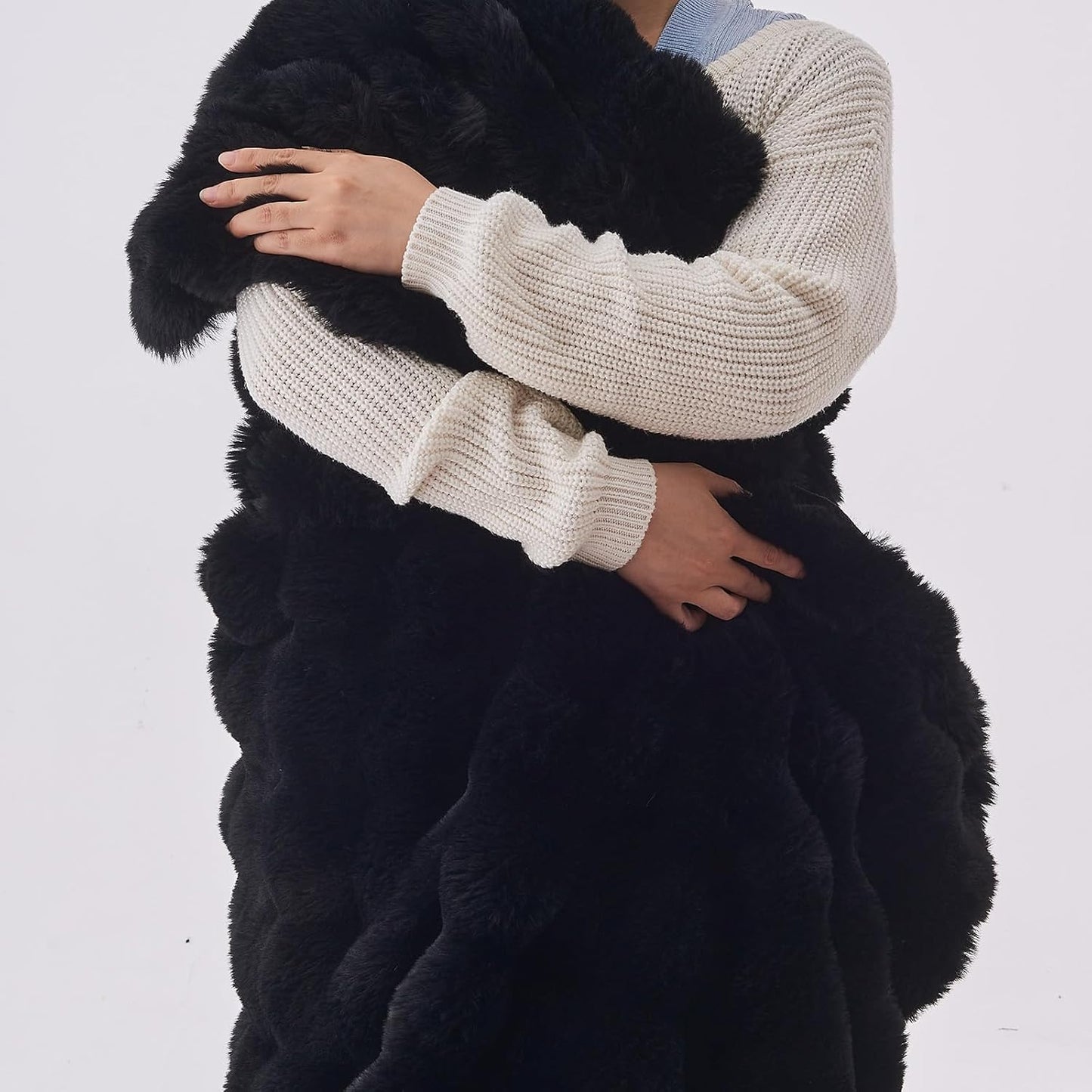 Lotus Karen Faux Fur Throw Blanket Black - Big Bubble Rabbit Fluff Blanket for Couch, Small Fluffy Fuzzy Cozy Blanket, Thick Furry Plush Shaggy Blankets, 50x60 Inches