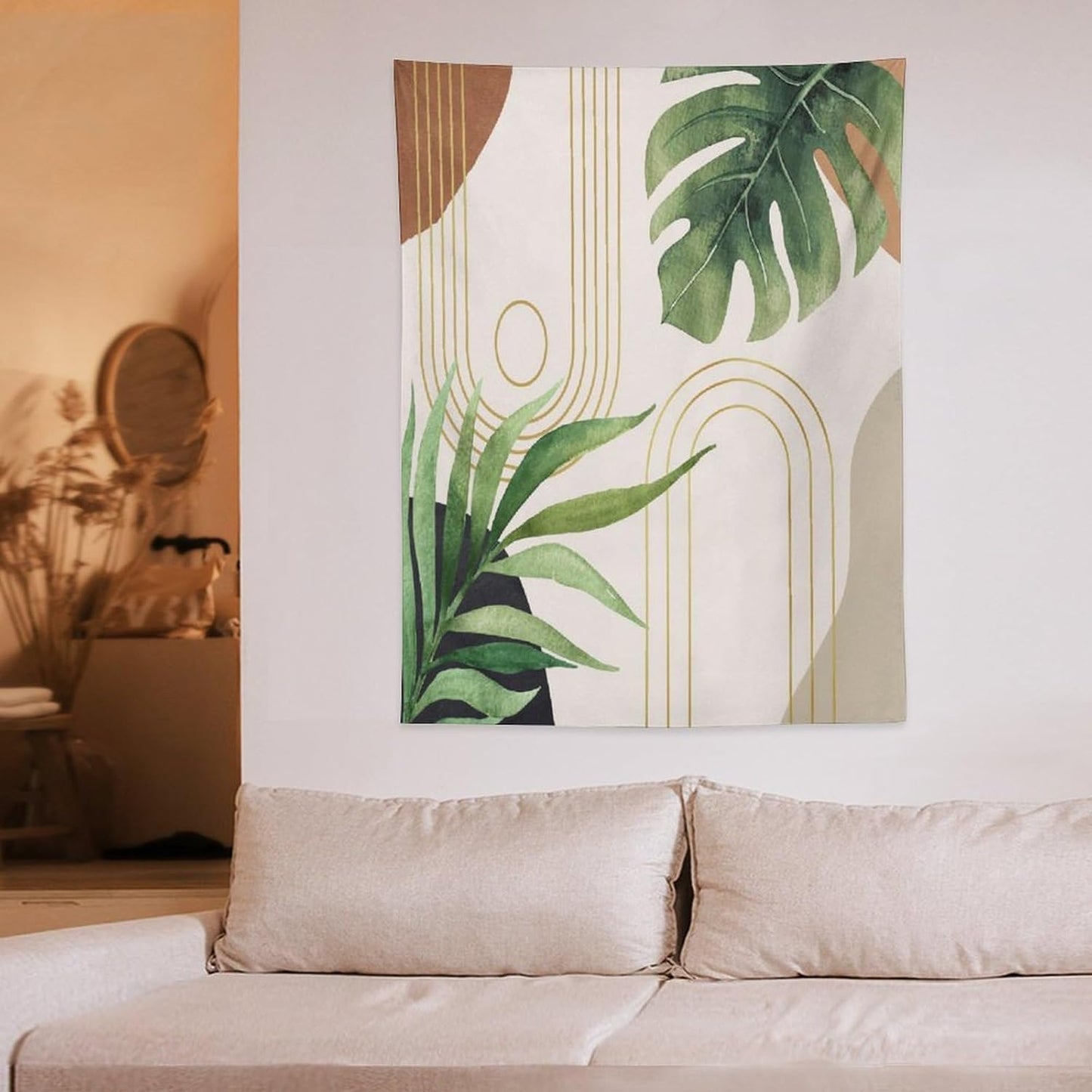 Abstract Boho Tapestry, Mid Century Tropical Tree Leaves Modern Geometric Arch Bohemian Botanical Tapestry, Home Aesthetic Wall Hanging Art Decor for Living Room Bedroom Dormitory 60x80 Inch