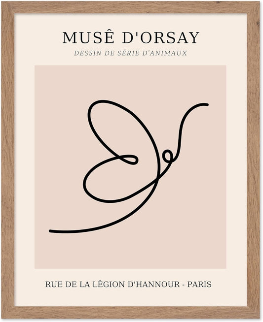 Poster Master Vintage Poster - Retro One Line Butterfly Drawing Print - Butterfly Line Art - Minimal Gift for Him, Her, Animal Lover - Abstract Decor for Home, Office, 8x10 Beige Framed